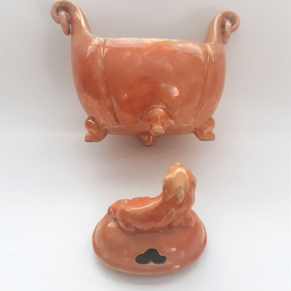 Shofu Japan VTG Incense Burner Jar 1930s Orange Lusterware Art Deco Rare - Picture 7 of 11